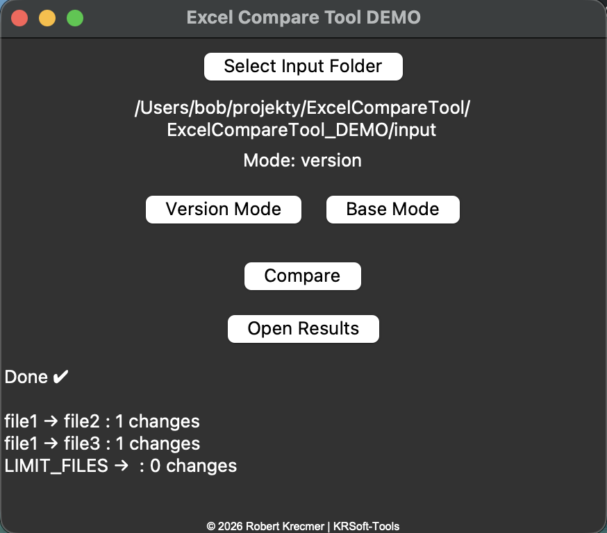 Excel file comparison completed successfully in version mode