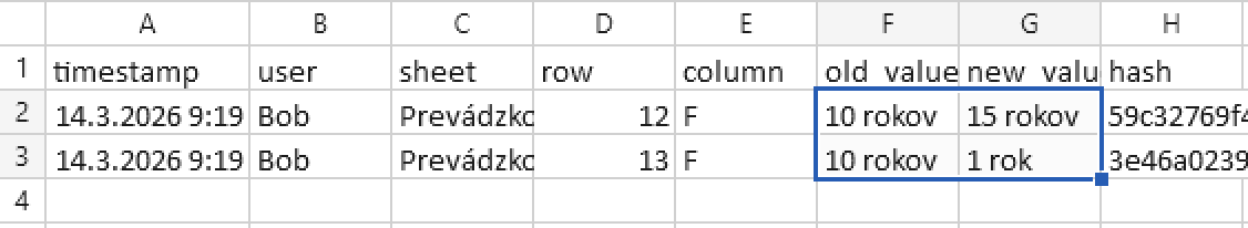 Excel audit log showing detected changes between spreadsheet versions