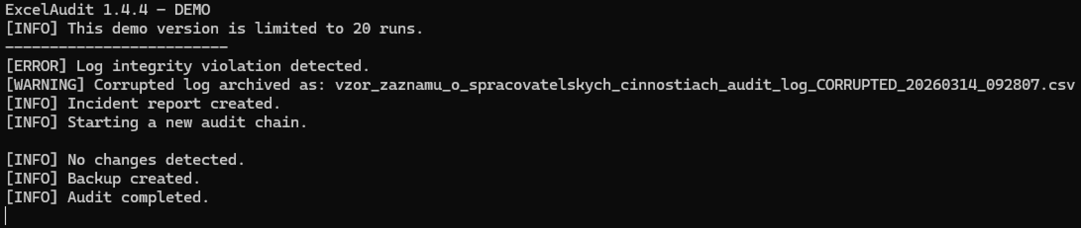 ExcelAudit detecting violation of audit log integrity