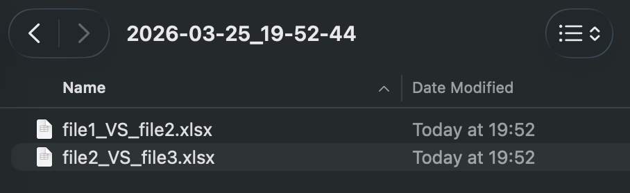 Specific Excel file comparison results showing compared spreadsheet versions